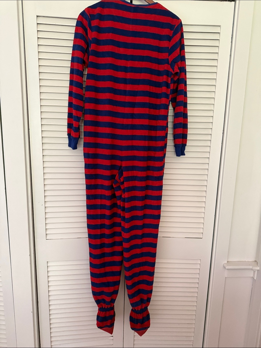 Nick & Nora Sock Monkey Red and Navy Striped Footed Jumpsuit - Picture 3 of 7